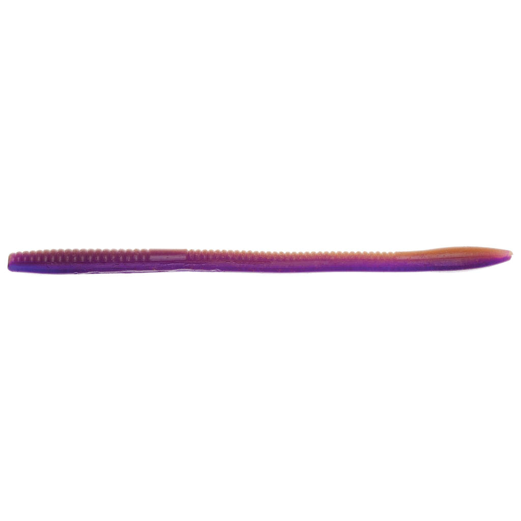 Purple fishing worm lure with dark speckling and orange-tinted tail tip