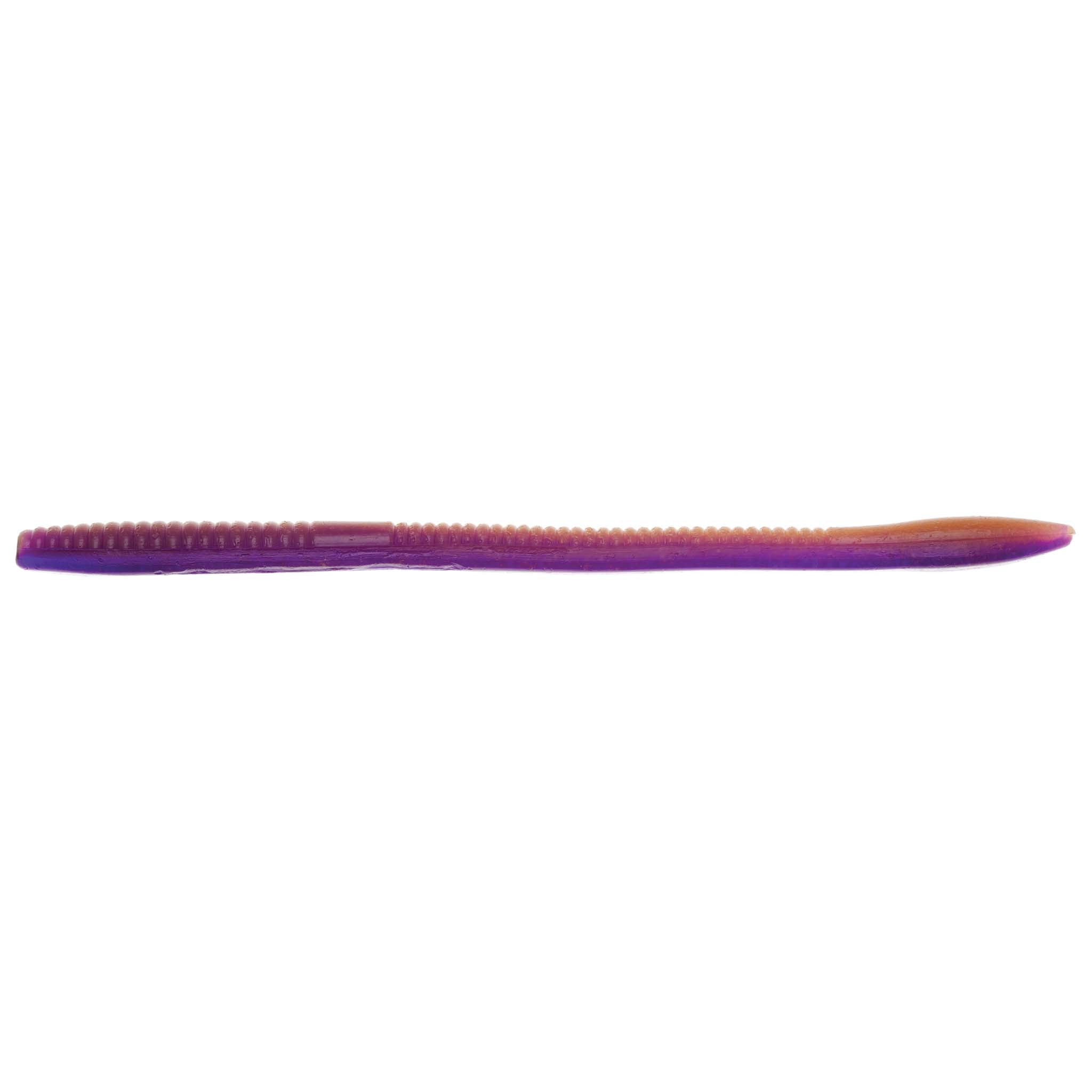 Purple fishing worm lure with dark speckling and orange-tinted tail tip