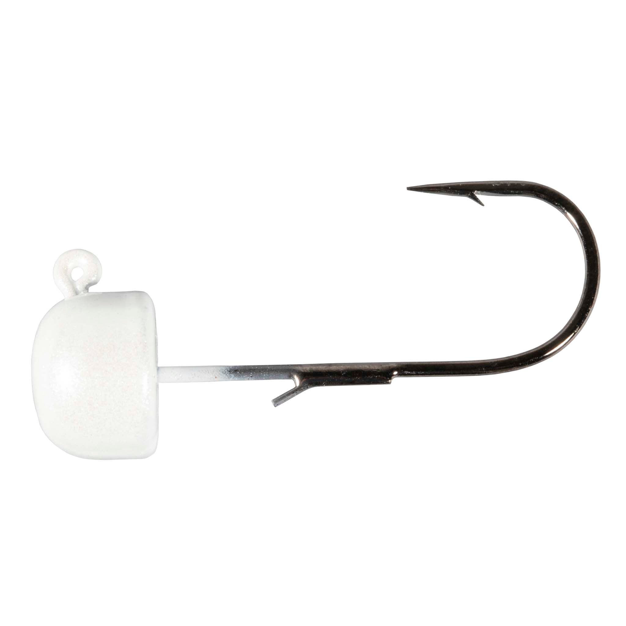 Pearl jig head with fishing hook, dark hook point and visible barb
