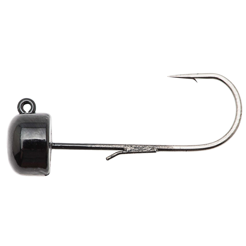 Black jig head with fishing hook, metal hook and visible barb