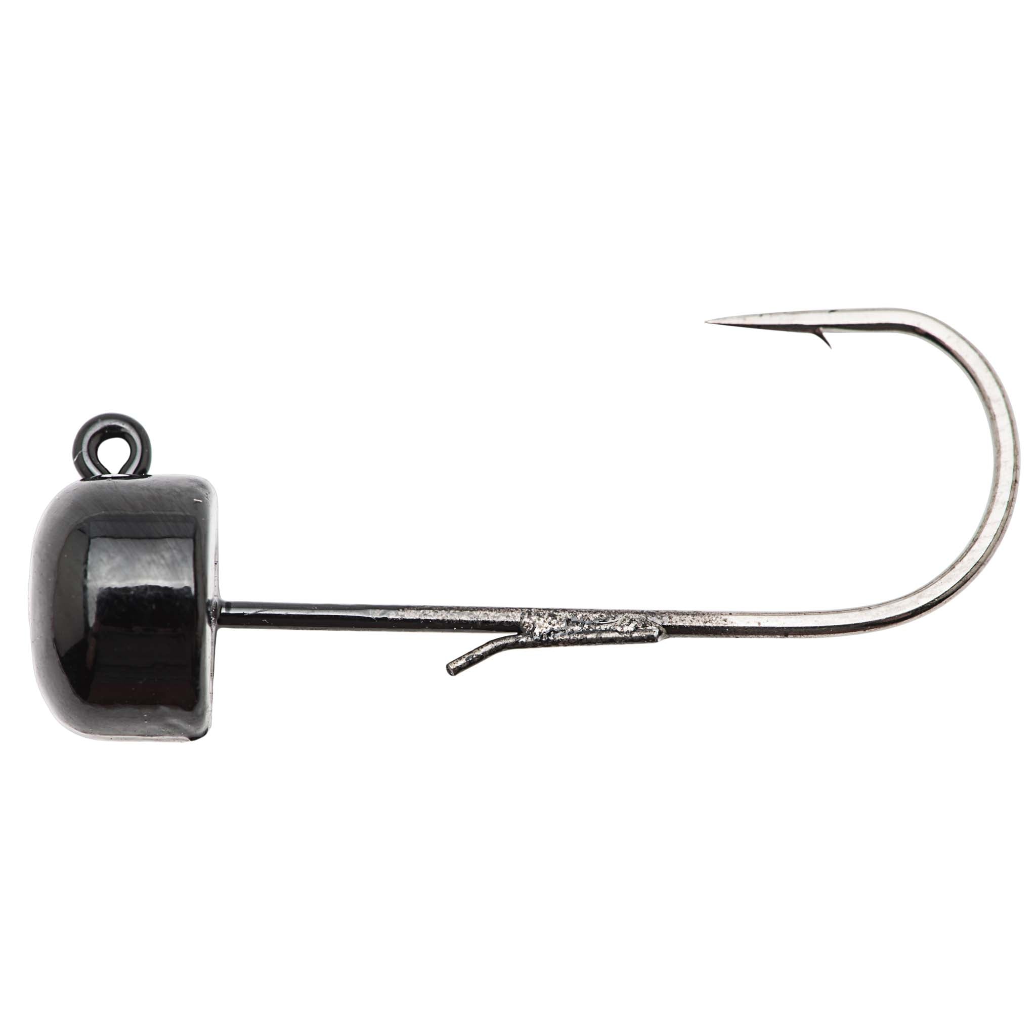 Black jig head with fishing hook, metal hook and visible barb