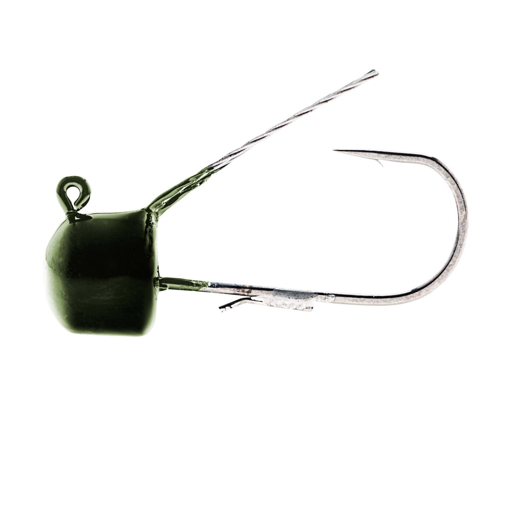 Weedless mushroom jig head lure with wire weed guard, green pumpkin
