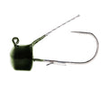Weedless mushroom jig head lure with wire weed guard, green pumpkin