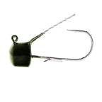 Weedless mushroom jig head lure with wire weed guard, green pumpkin