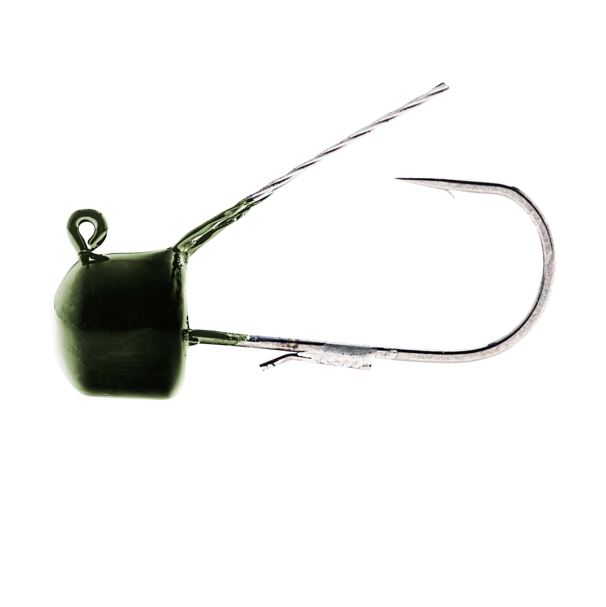 Weedless mushroom jig head lure with wire weed guard, green pumpkin