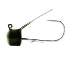 Weedless mushroom jig head lure with wire weed guard, green pumpkin