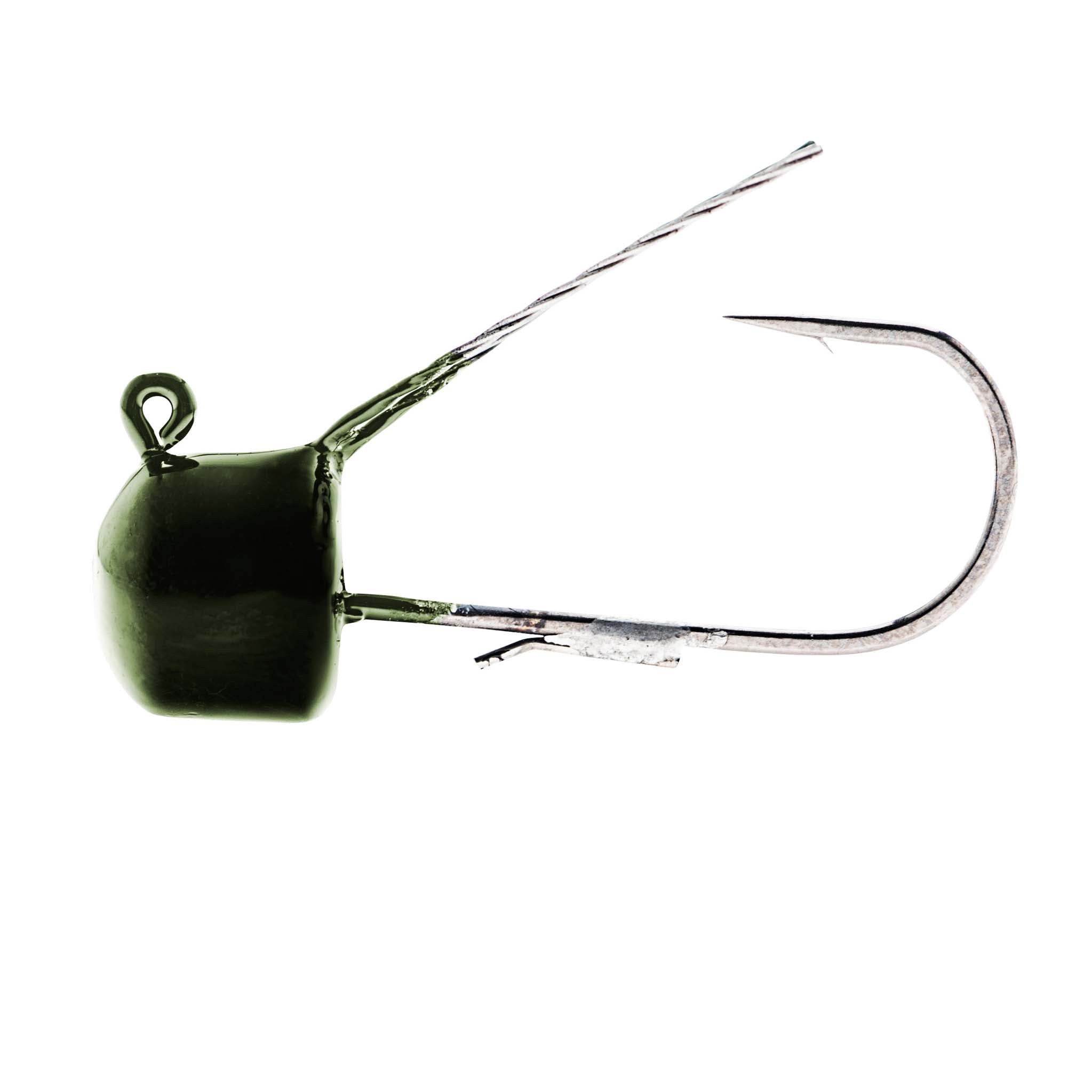 Weedless mushroom jig head lure with wire weed guard, green pumpkin