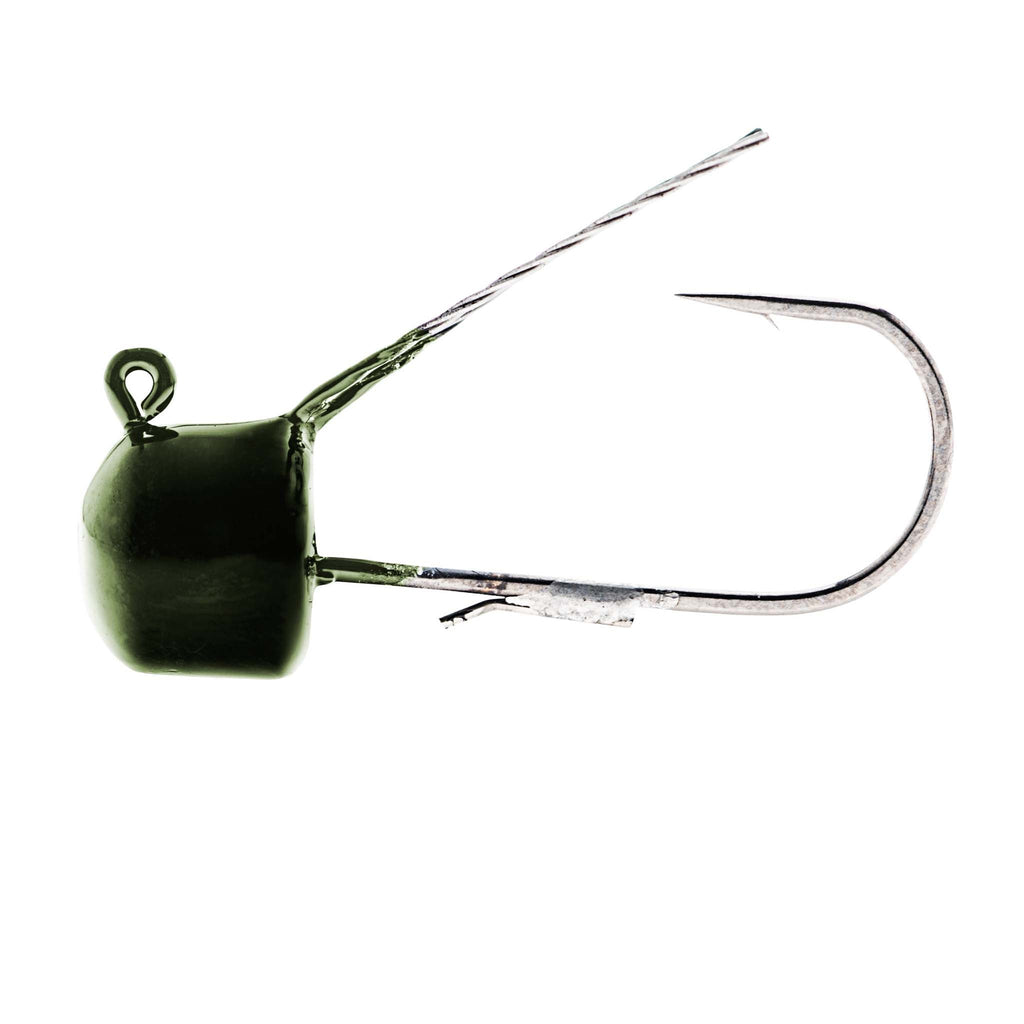 Weedless mushroom jig head lure with wire weed guard, green pumpkin