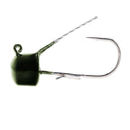 Weedless mushroom jig head lure with wire weed guard, green pumpkin