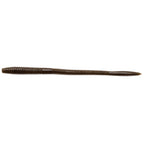 Floating worm lure in dark brown, long ribbed body with tapered tail