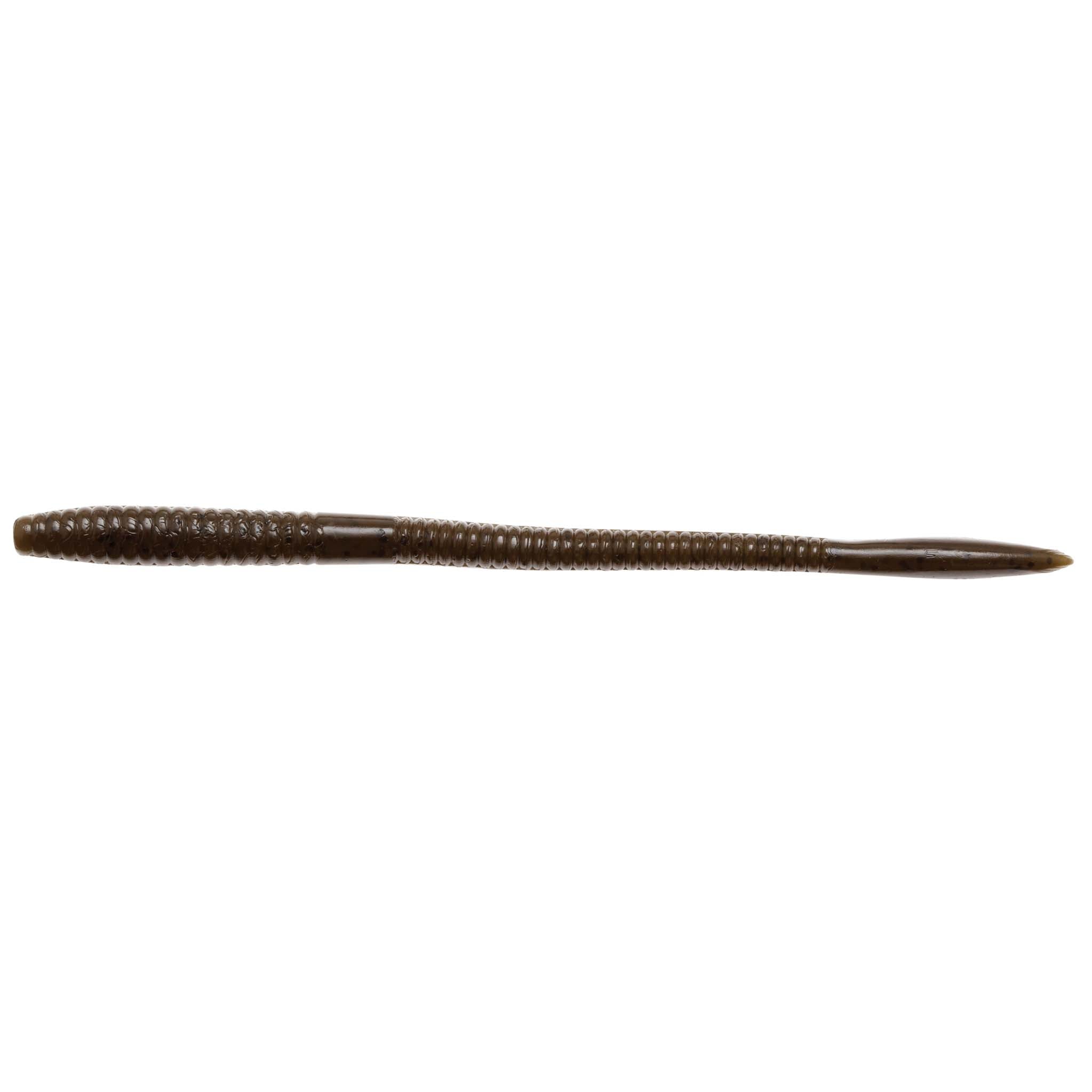 Floating worm lure in dark brown, long ribbed body with tapered tail