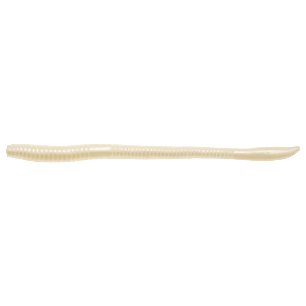 Floating worm lure in white, long ribbed body with tapered tail