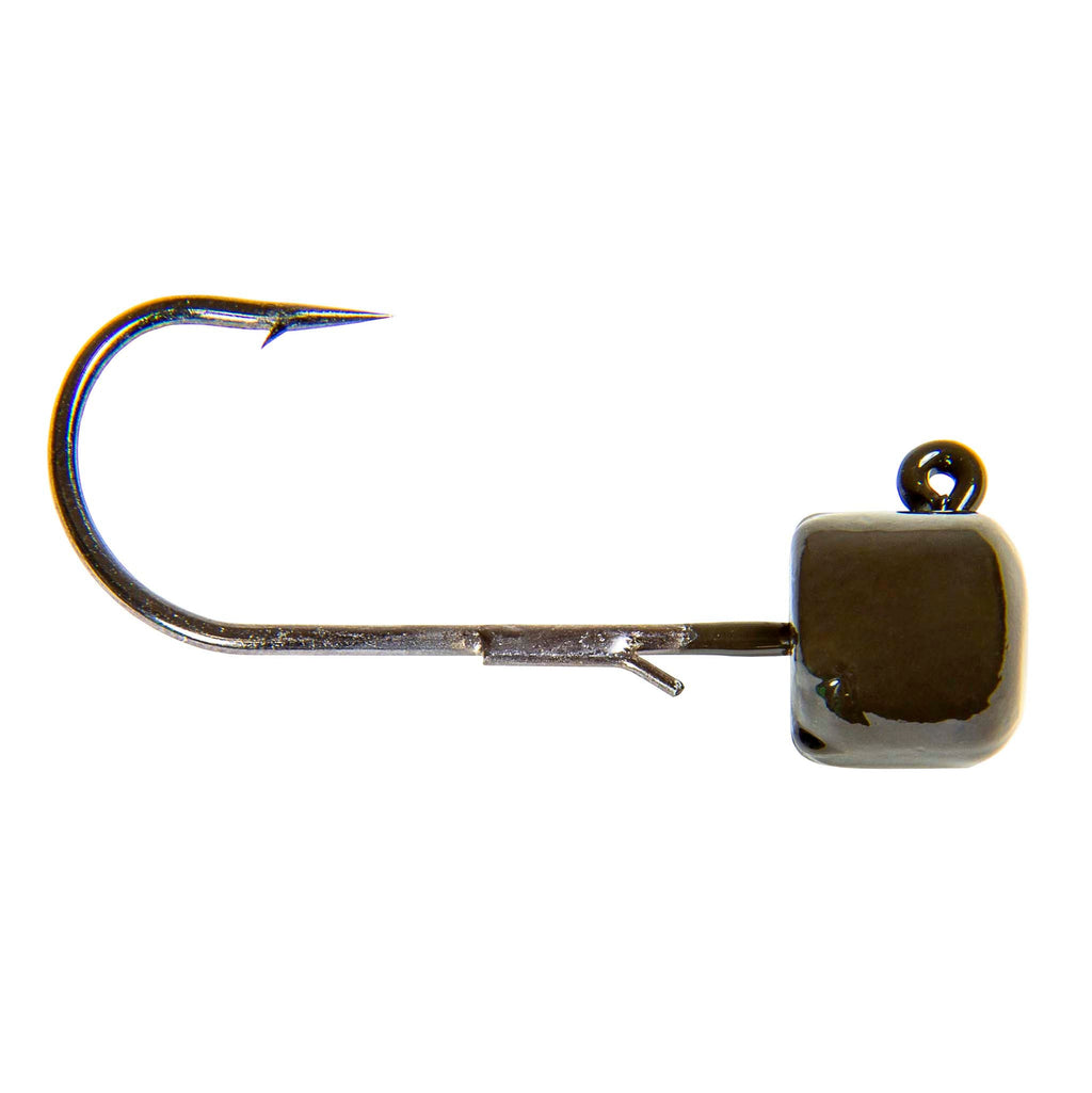 Jig hook with dark square head, top loop eye, and rainbow thread accents near hook bend.