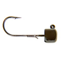 Jig hook with dark square head, top loop eye, and rainbow thread accents near hook bend.