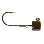 Jig hook with dark square head, top loop eye, and rainbow thread accents near hook bend.