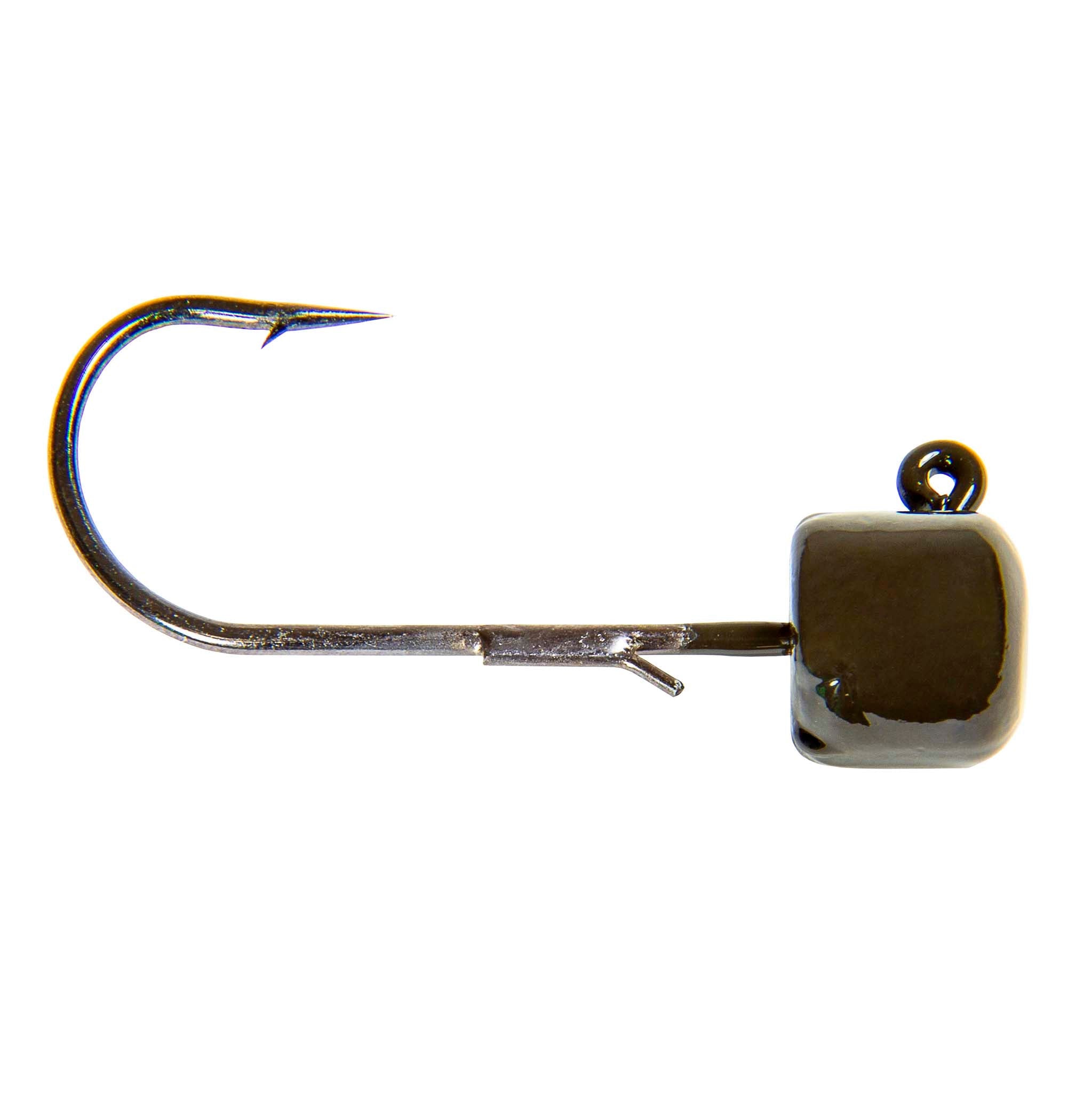 Jig hook with dark square head, top loop eye, and rainbow thread accents near hook bend.