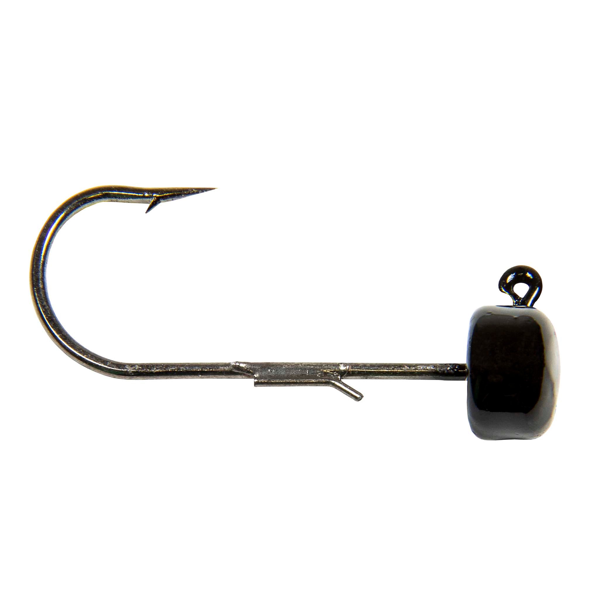 Jig hook with dark square head and top loop eye, straight shank, barbed hook point.