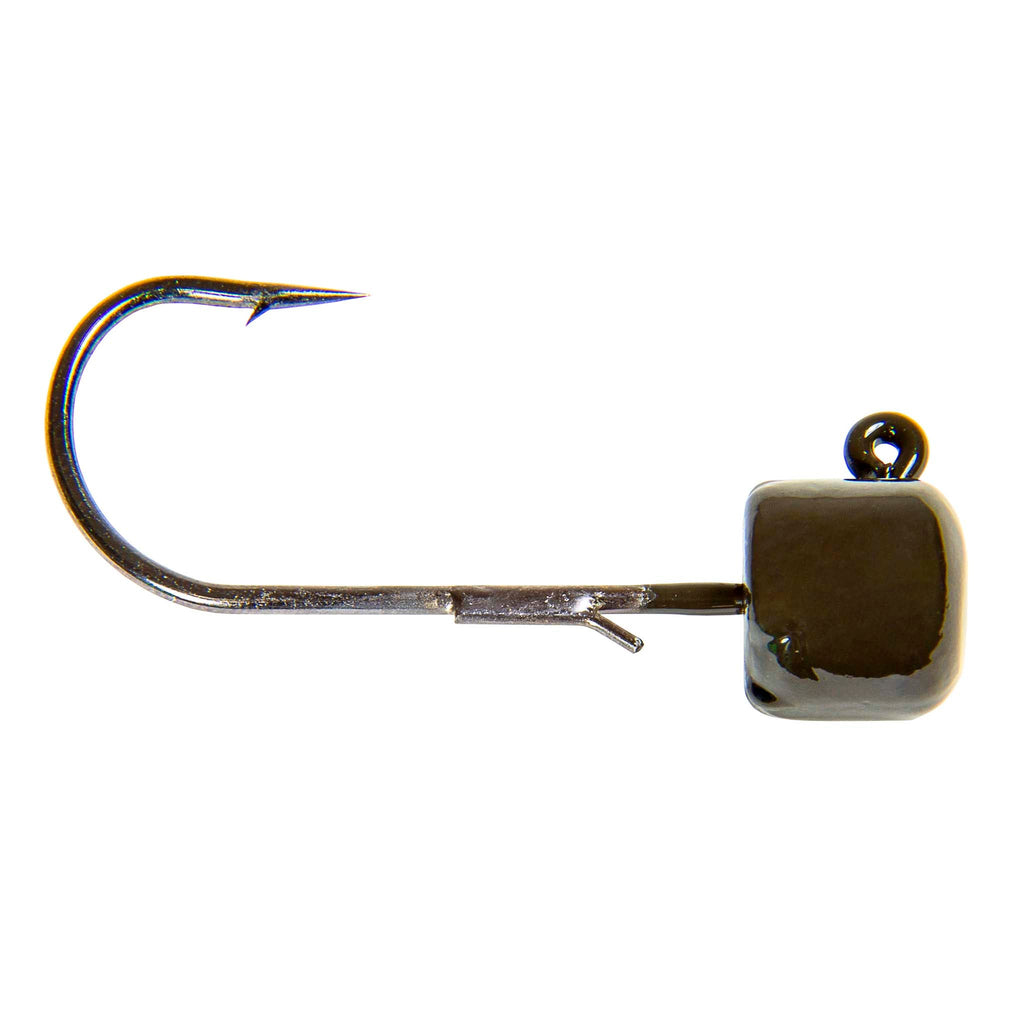 Jig hook with dark square head, top loop eye, and green-to-blue accent trim on hook.