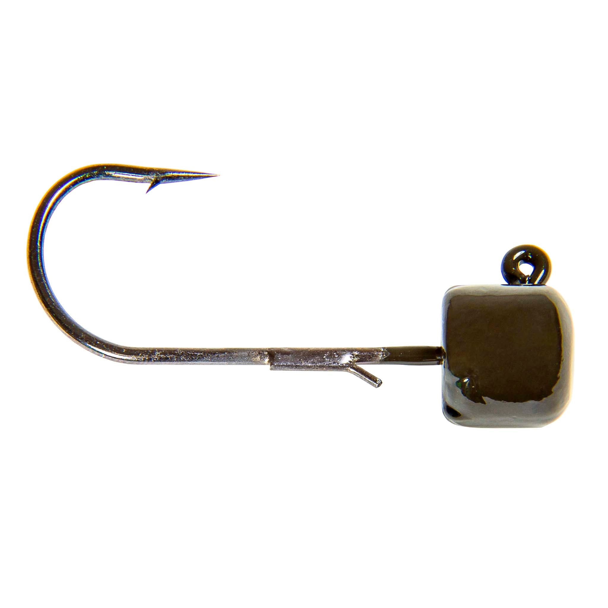 Jig hook with dark square head, top loop eye, and green-to-blue accent trim on hook.