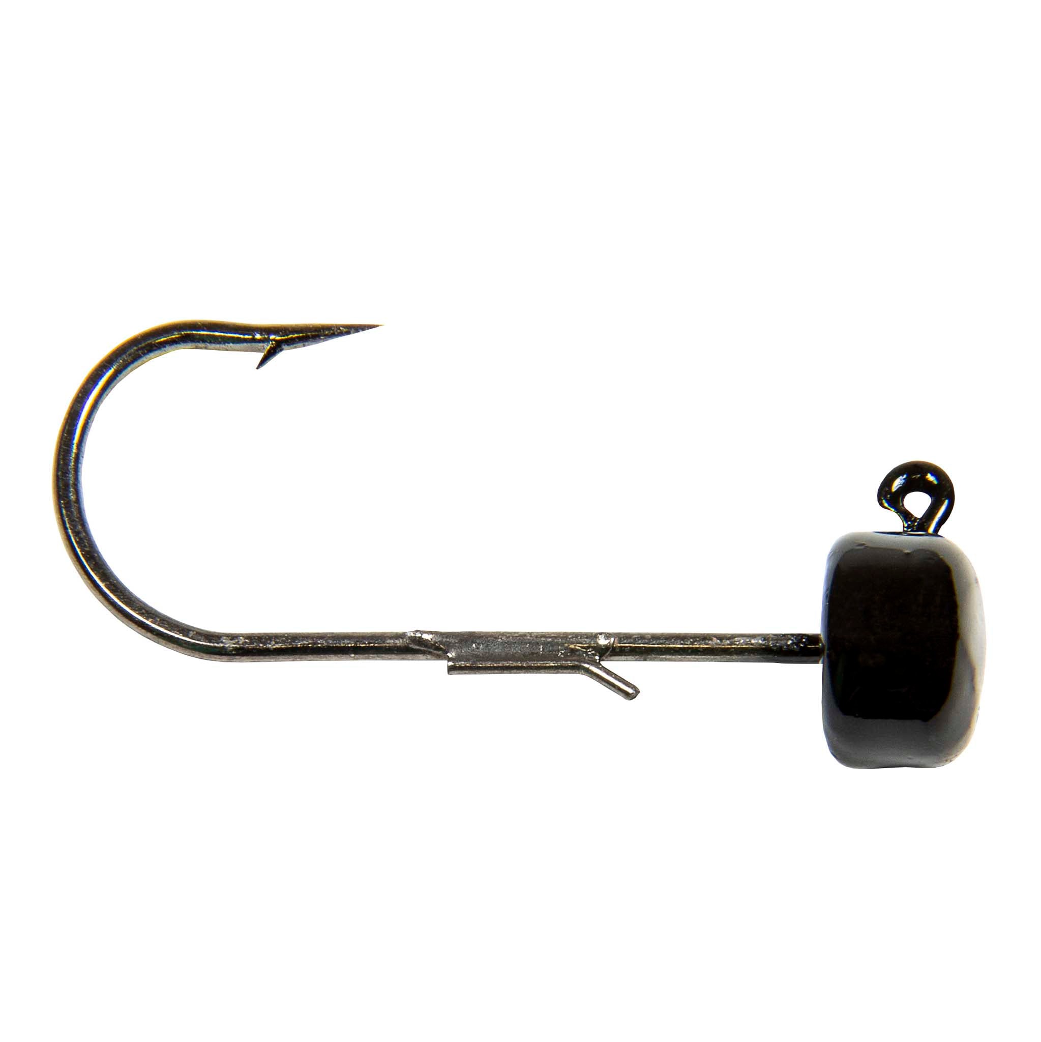 Jig hook with dark square jig head, top loop eye, and visible barbed hook shank.