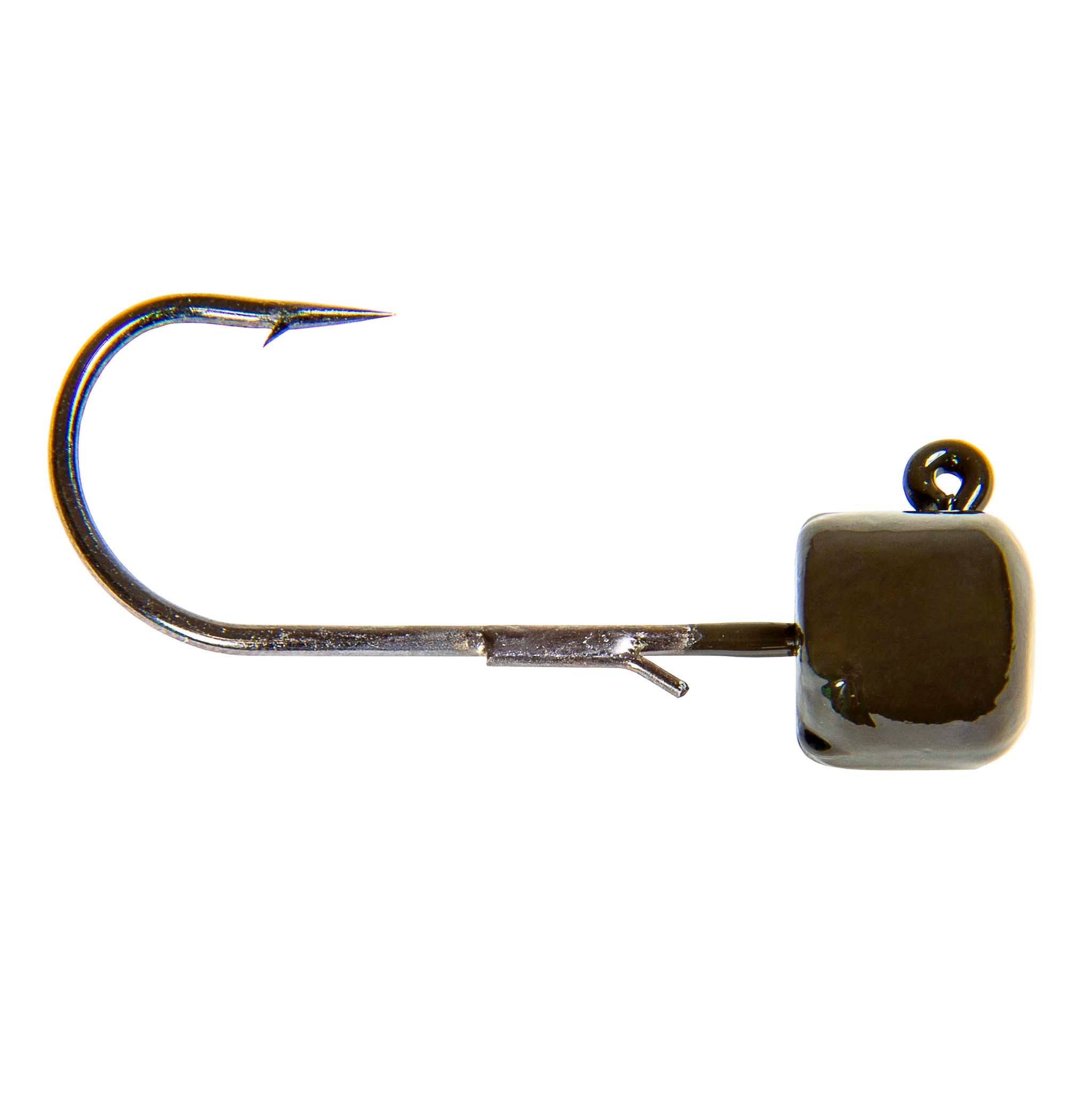 Jig hook with dark square head and top loop eye, curved hook with multicolor edge highlights.