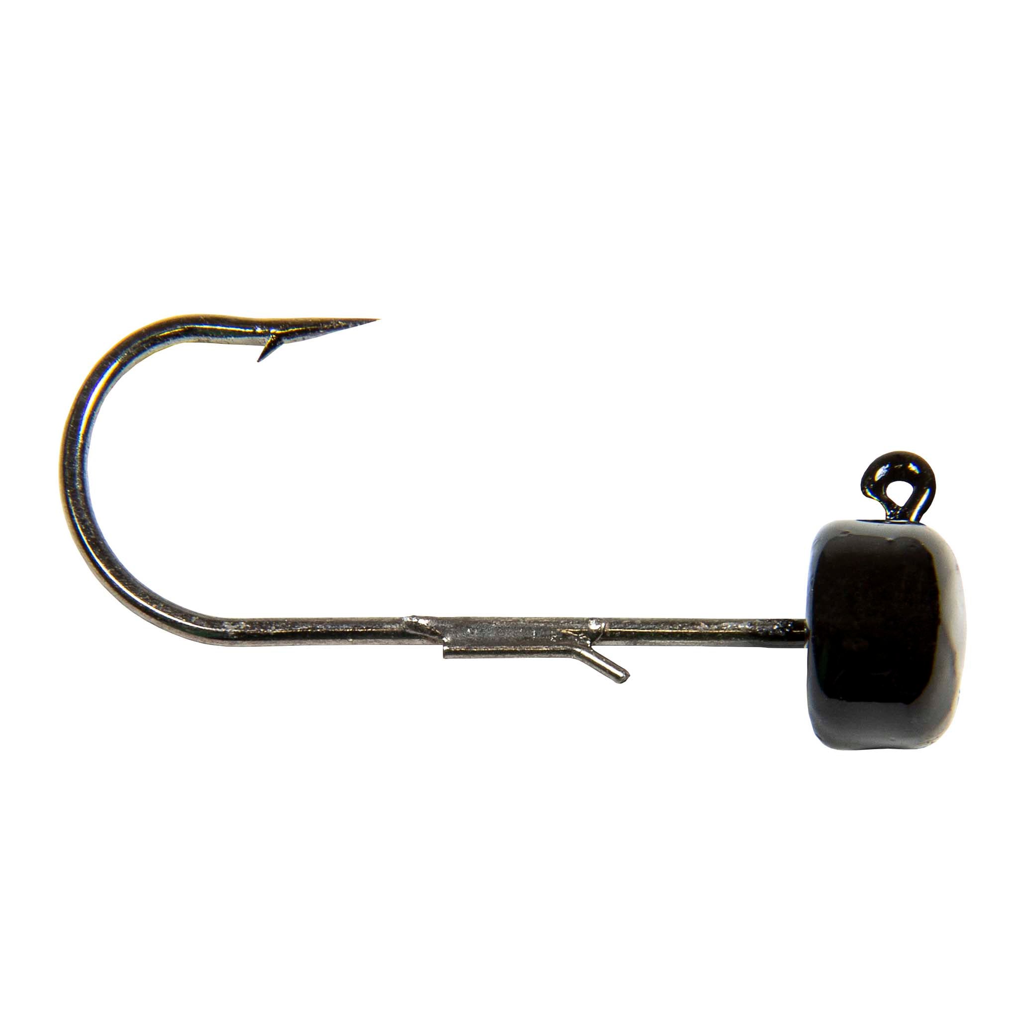 Jig hook with dark square head and top loop eye, side view of barbed hook and shank.