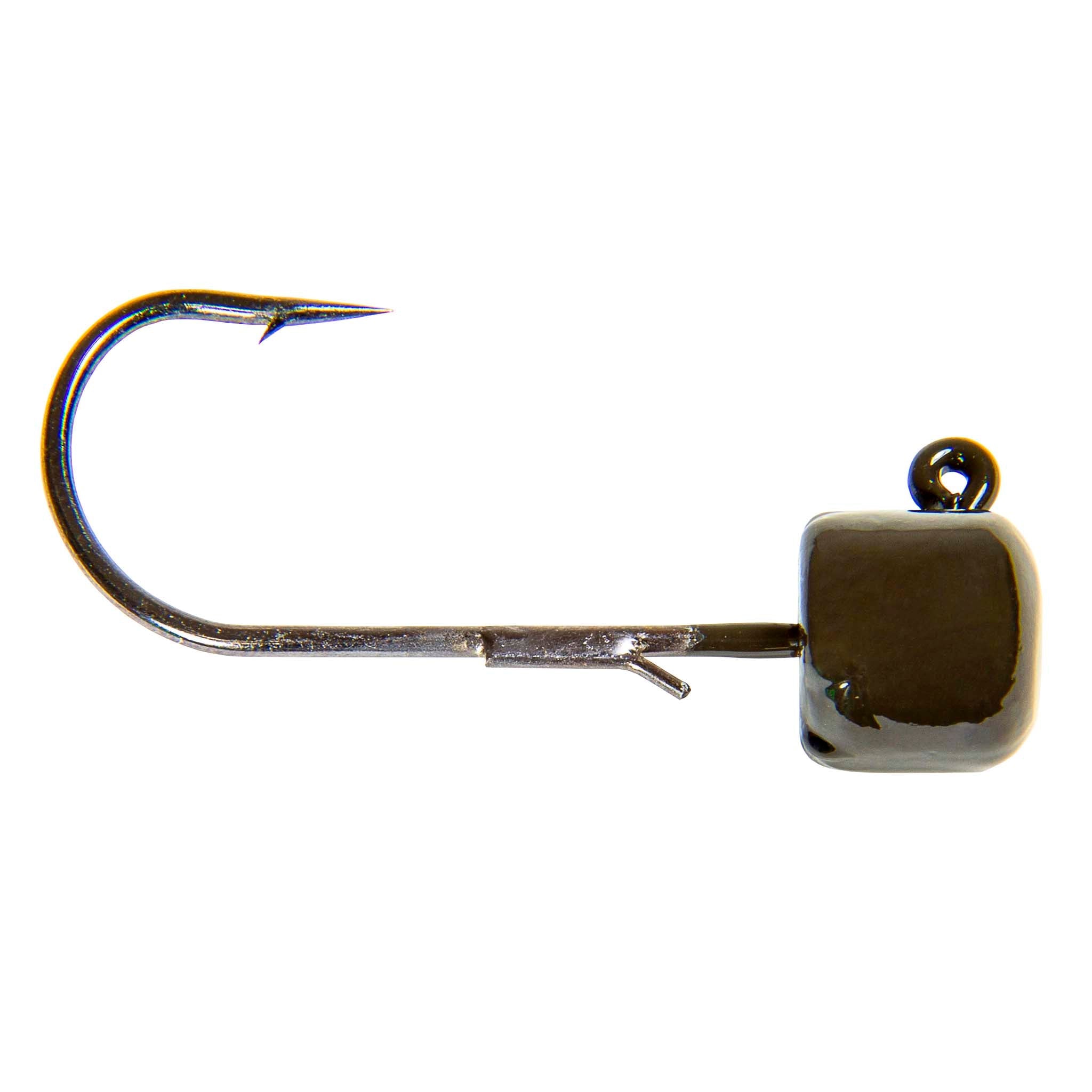 Jig hook with dark square head and top loop eye, rainbow thread accents near hook point.