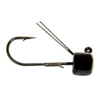 Weedless fishing jig with offset hook and square dark head; twisted wire shank