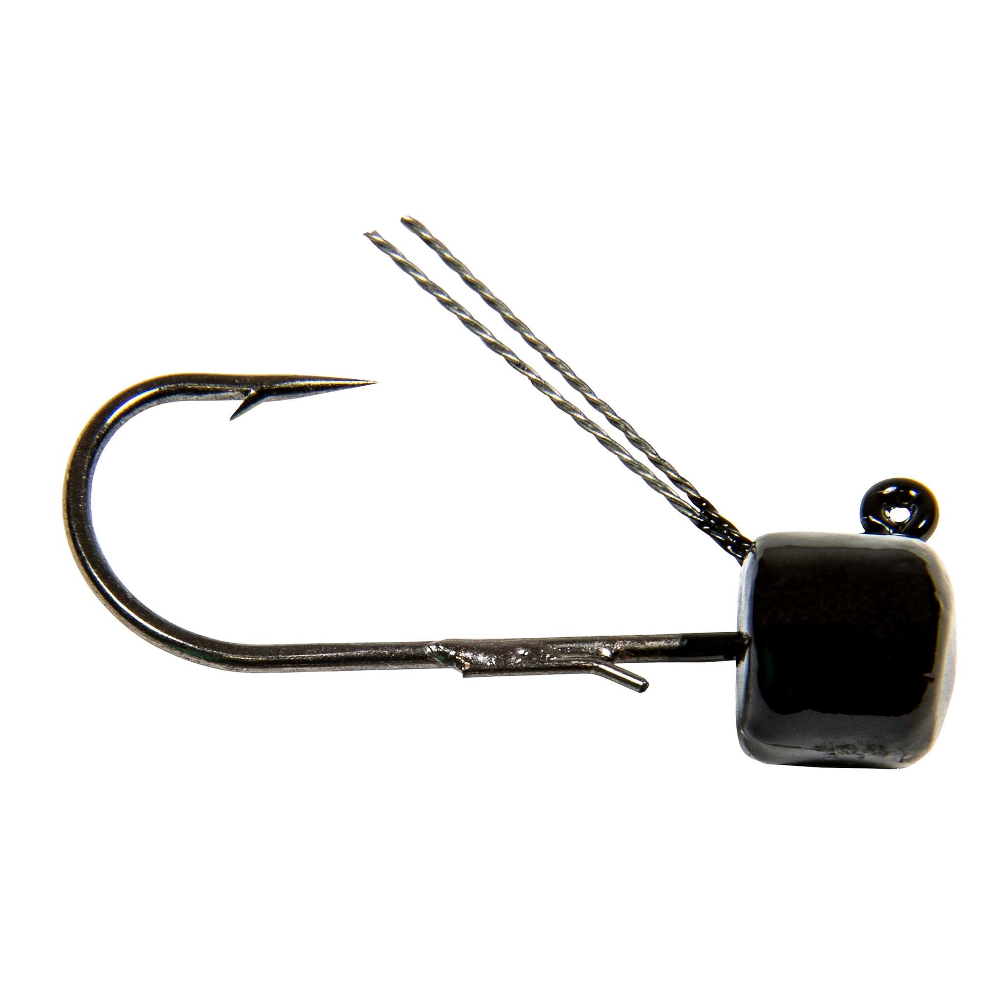 Weedless fishing jig with offset hook and square dark head; twisted wire shank