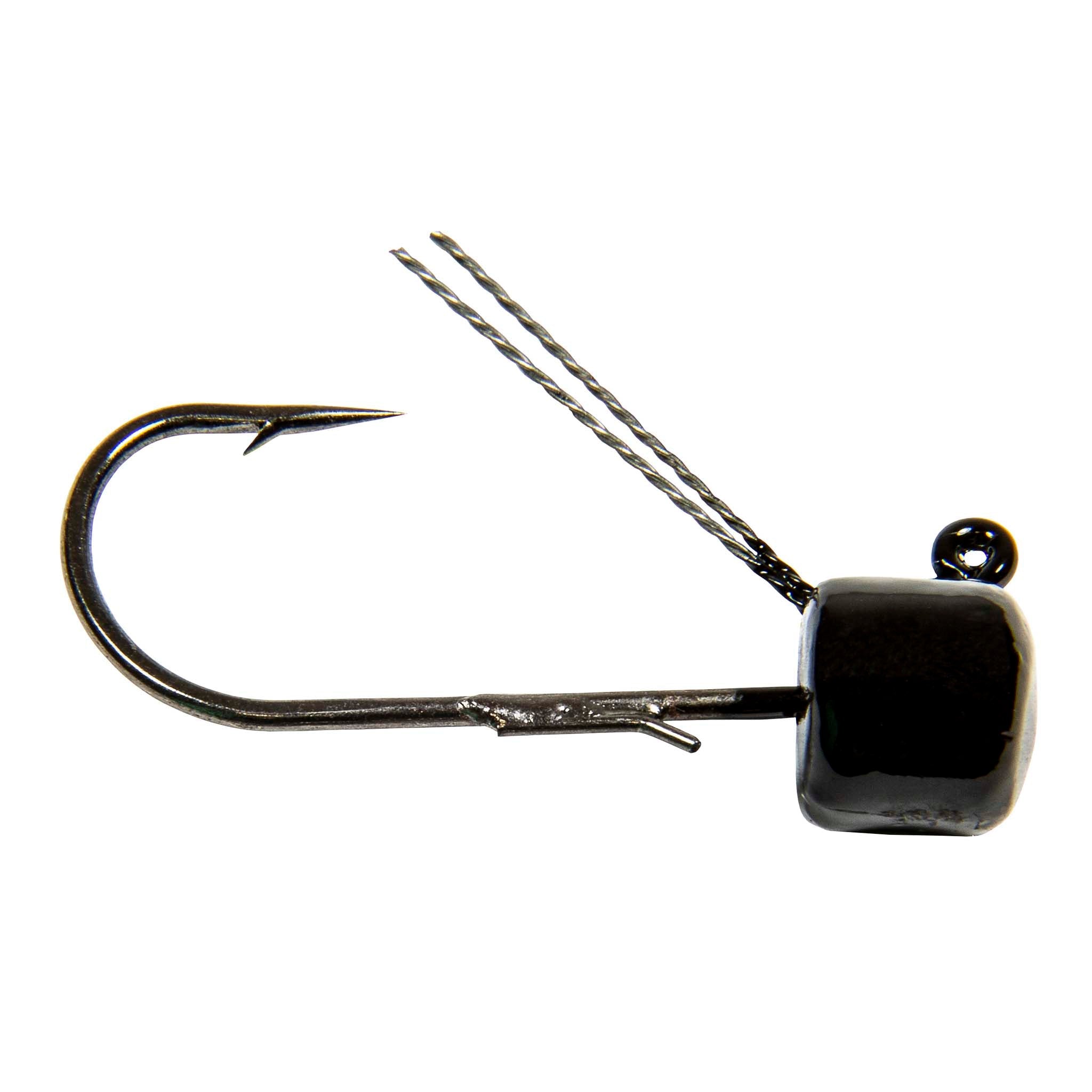 Weedless fishing jig with offset hook, twisted wire shank, and glossy dark square head