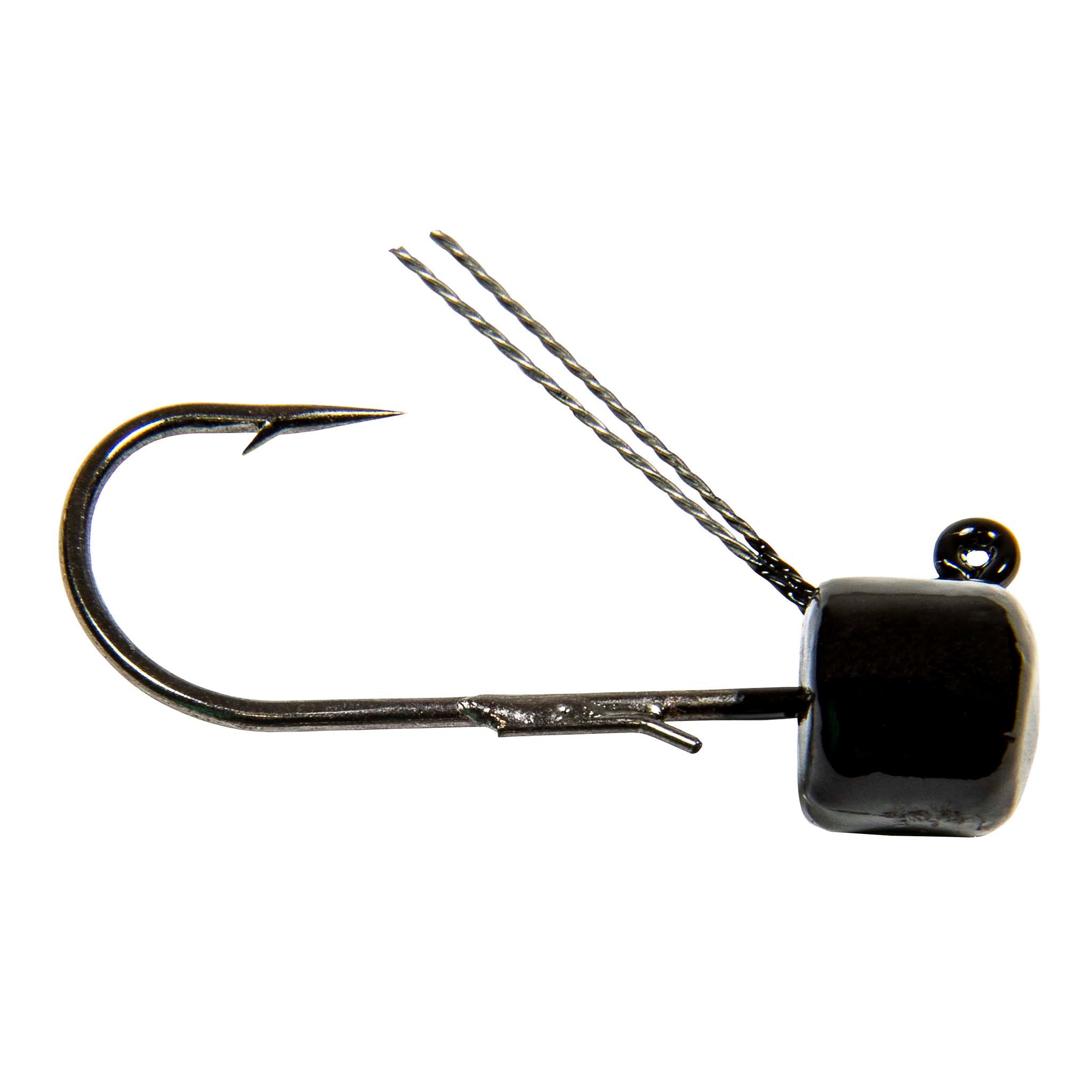 Weedless fishing jig with offset hook point, twisted wire shank, and square dark head