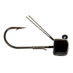Weedless fishing jig with offset hook and twisted wire shank; square dark head