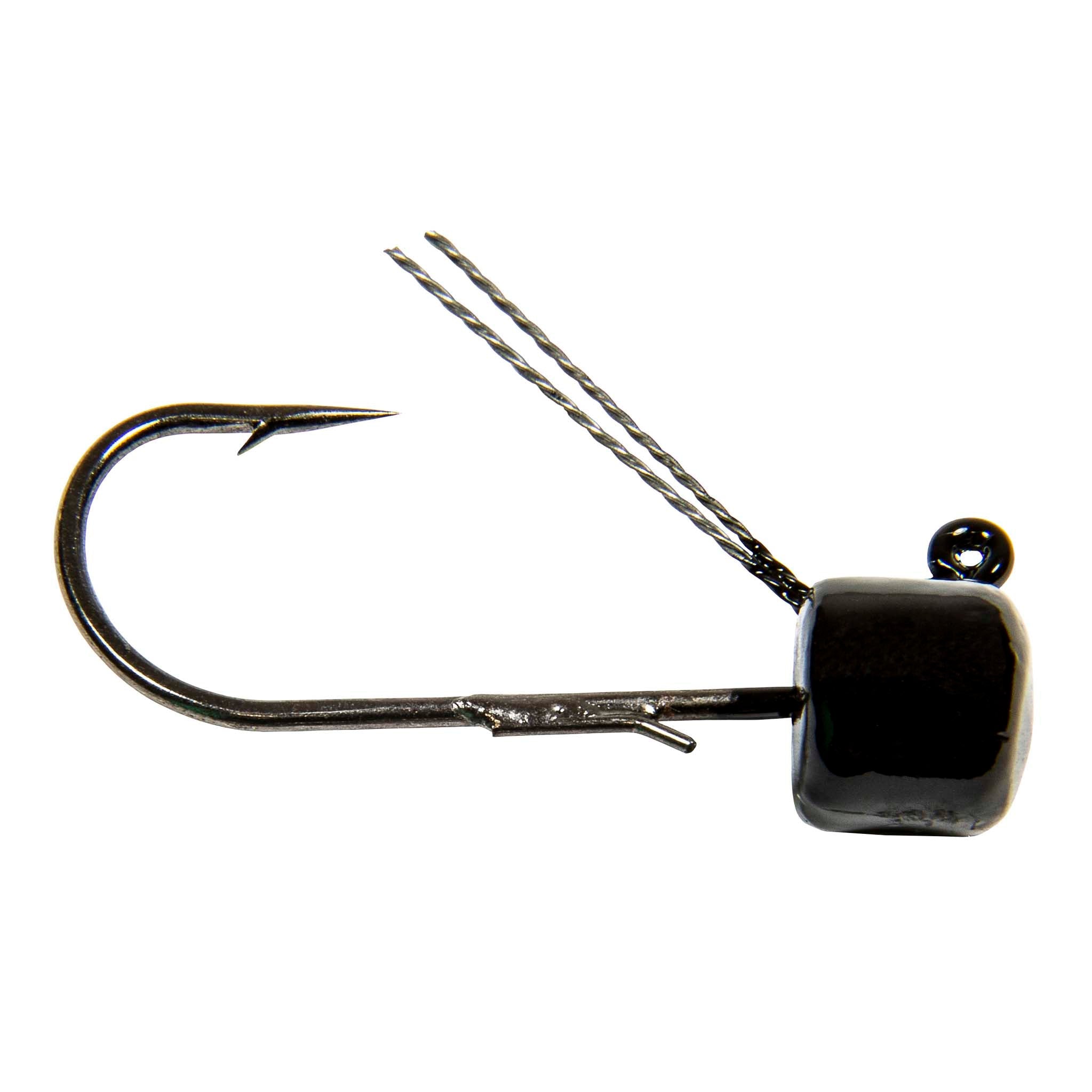 Weedless fishing jig with offset hook and twisted wire shank; square dark head