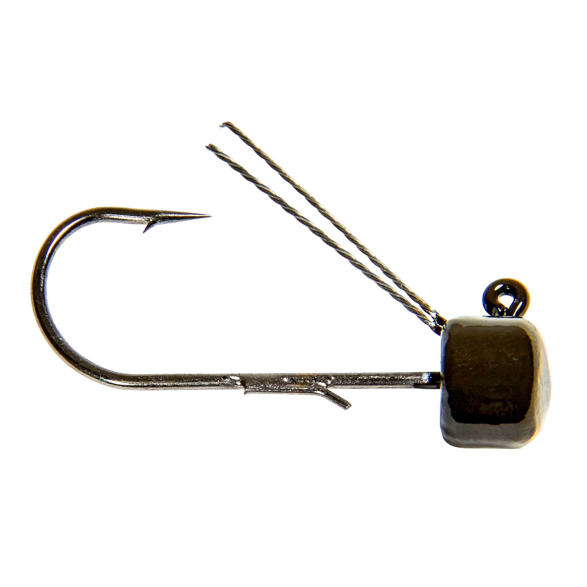 Weedless fishing jig with offset hook, twisted wire strands, and square dark head