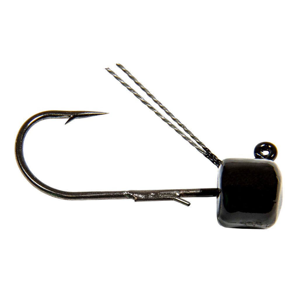 Weedless fishing jig with offset hook and glossy dark square head; twisted wire shank