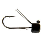 Weedless fishing jig with offset hook and glossy dark square head; twisted wire shank