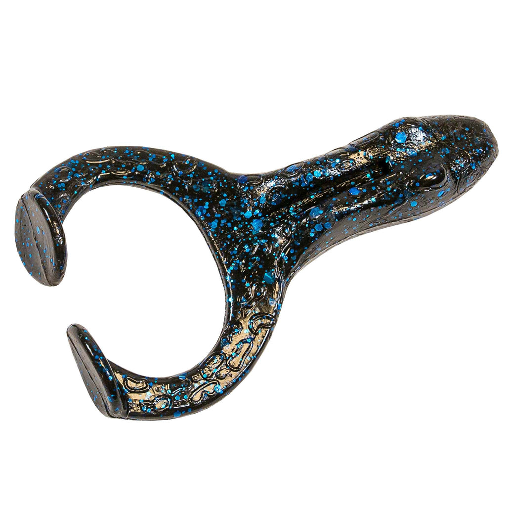 Soft plastic frog lure in dark blue-gray with bright blue glitter speckles