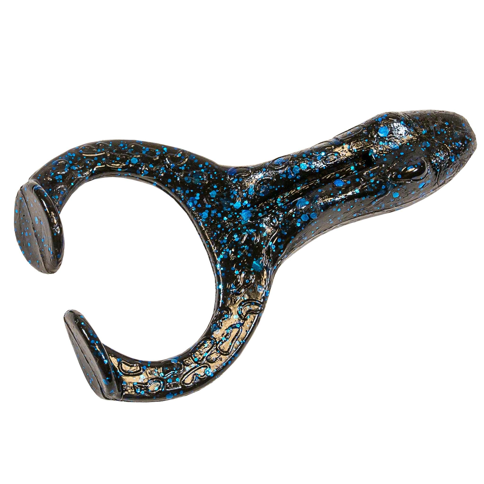 Soft plastic frog lure in dark blue-gray with bright blue glitter speckles