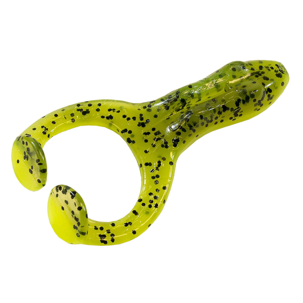 Soft plastic frog lure in bright chartreuse green with black speckles