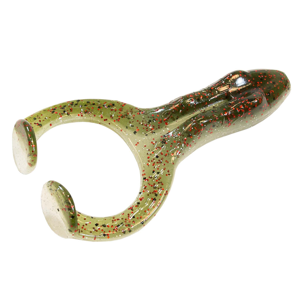 Soft plastic frog lure in translucent gray-green with red speckle pattern
