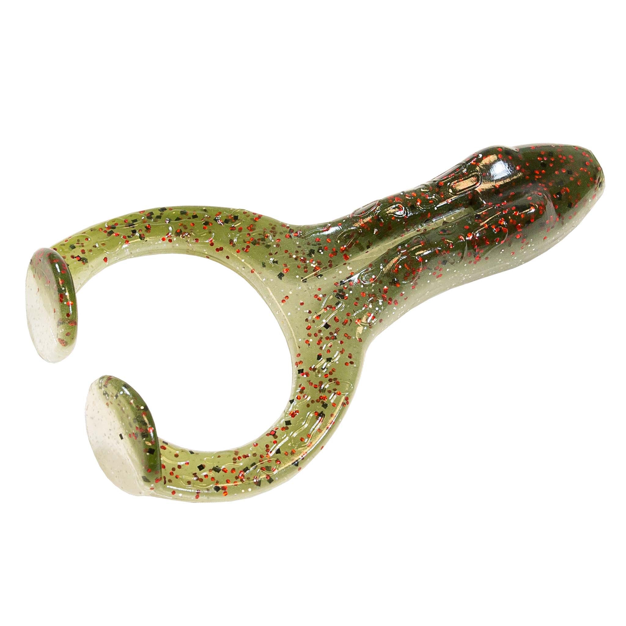 Soft plastic frog lure in translucent gray-green with red speckle pattern
