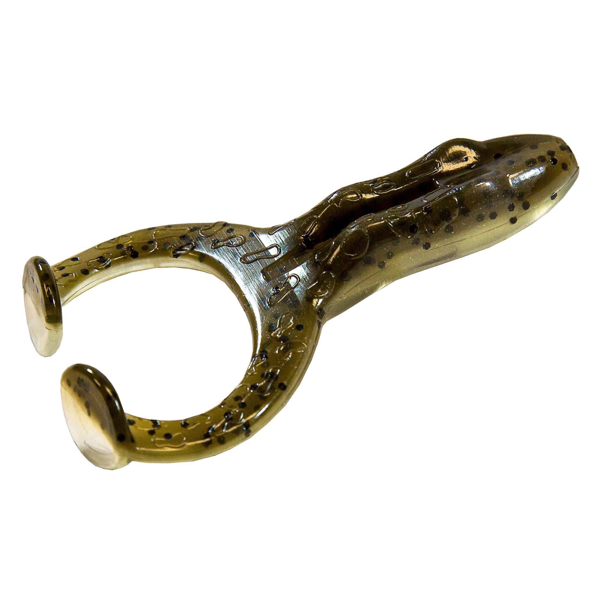 Soft plastic frog lure in dark olive-brown with black speckle pattern