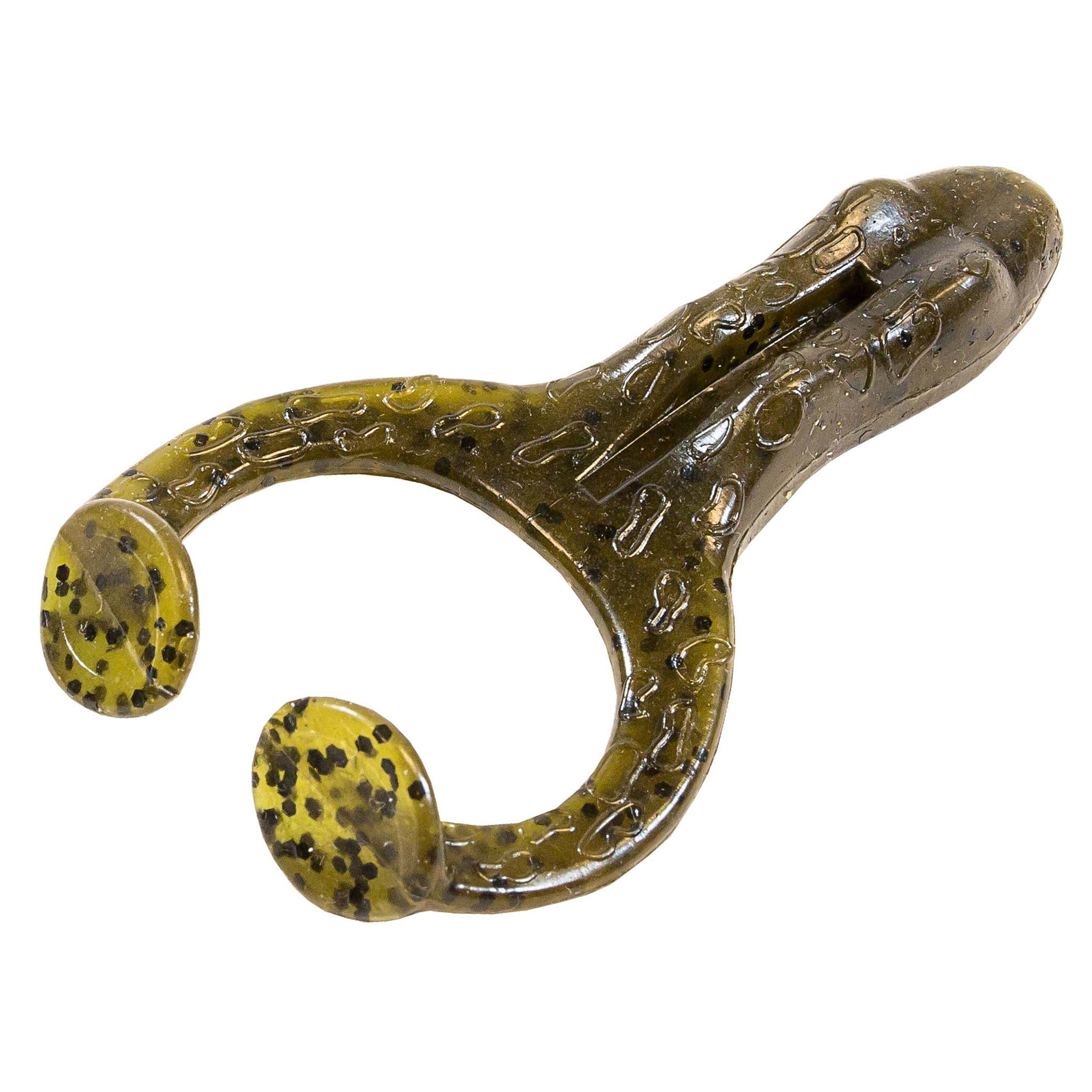 Soft plastic frog lure in olive-brown with yellow-green speckles and spots
