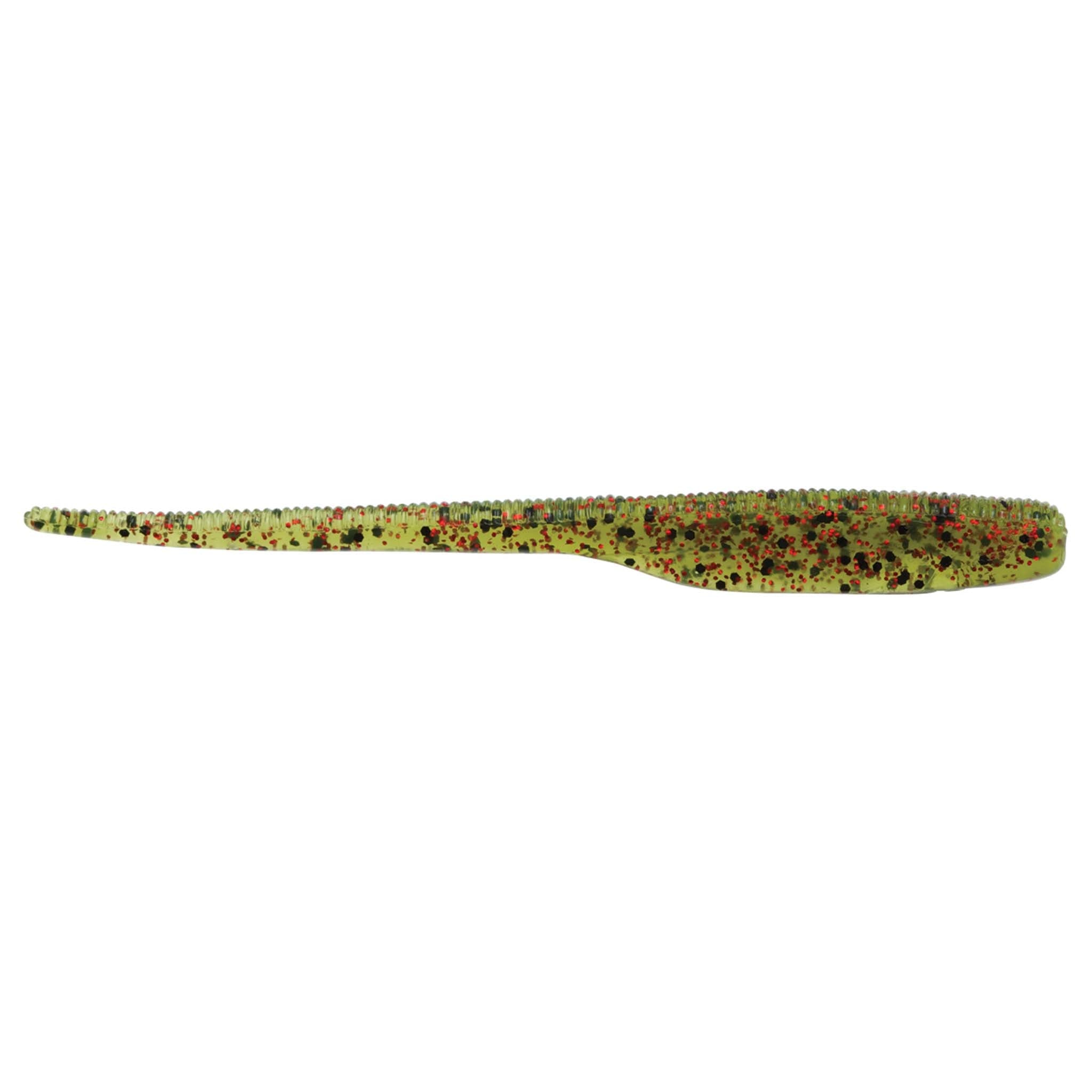 Green and red speckled shad-style soft plastic fishing lure
