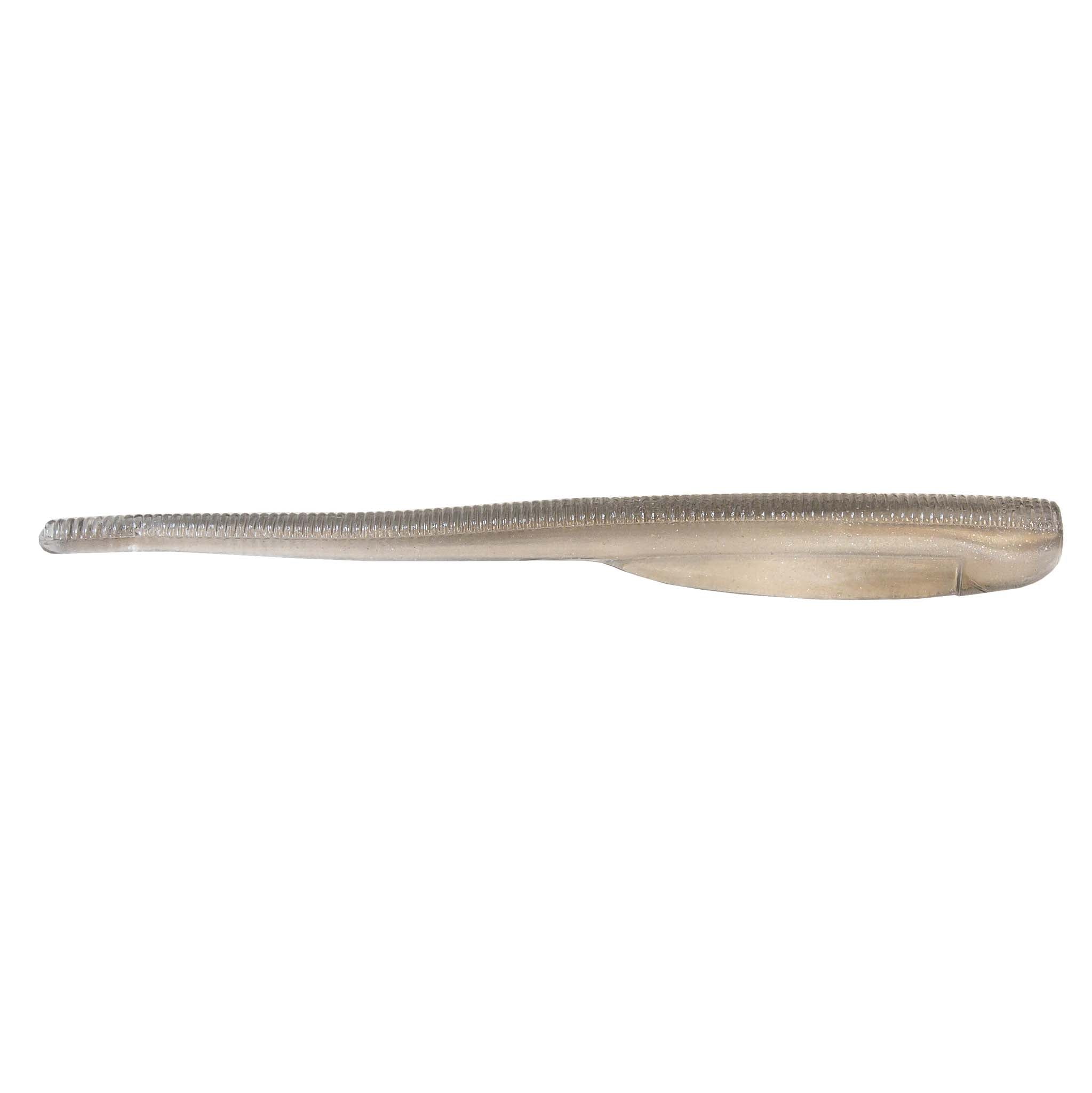 Silver-gray shad-style soft plastic fishing lure with translucent tail