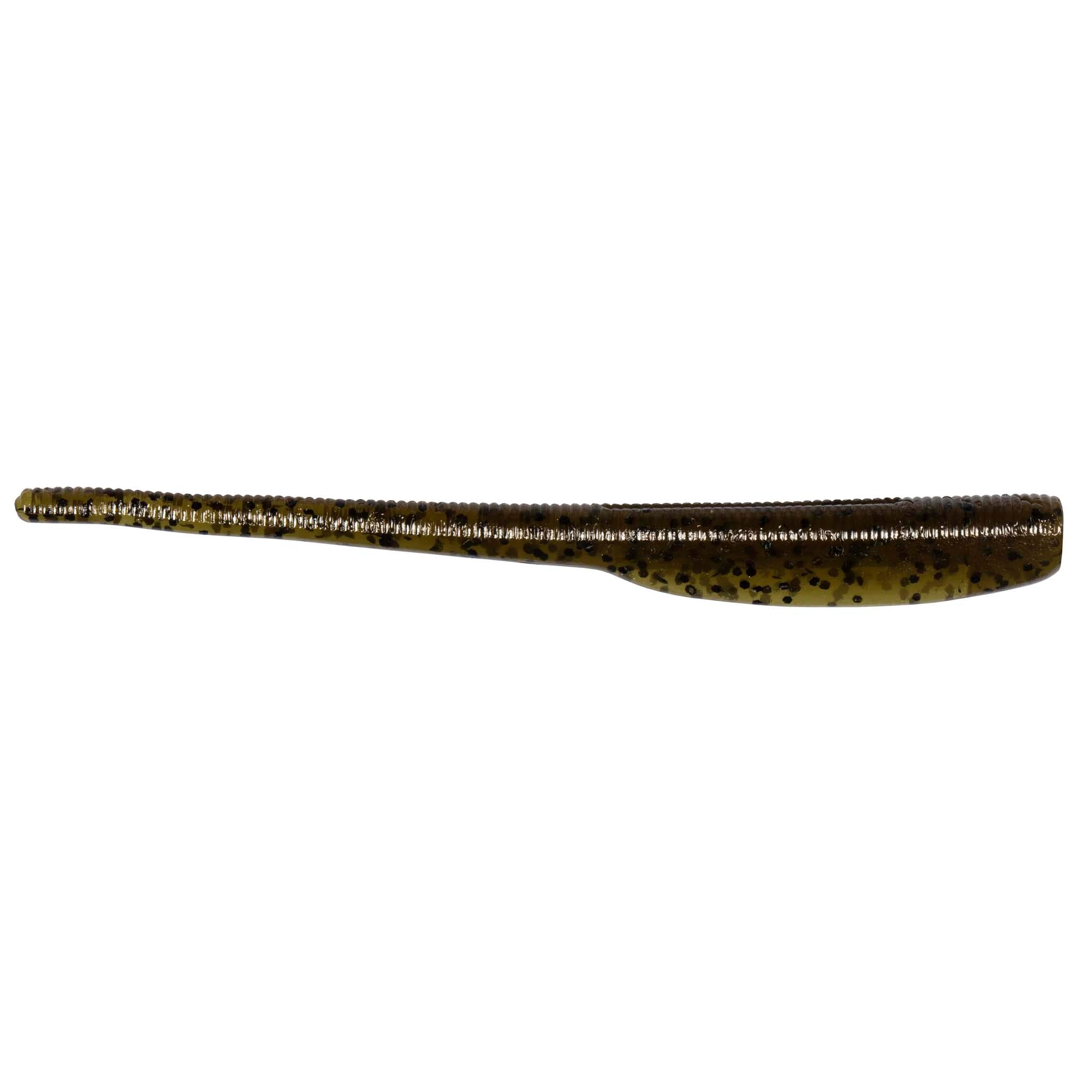 Dark brown/olive speckled shad-style soft plastic fishing lure
