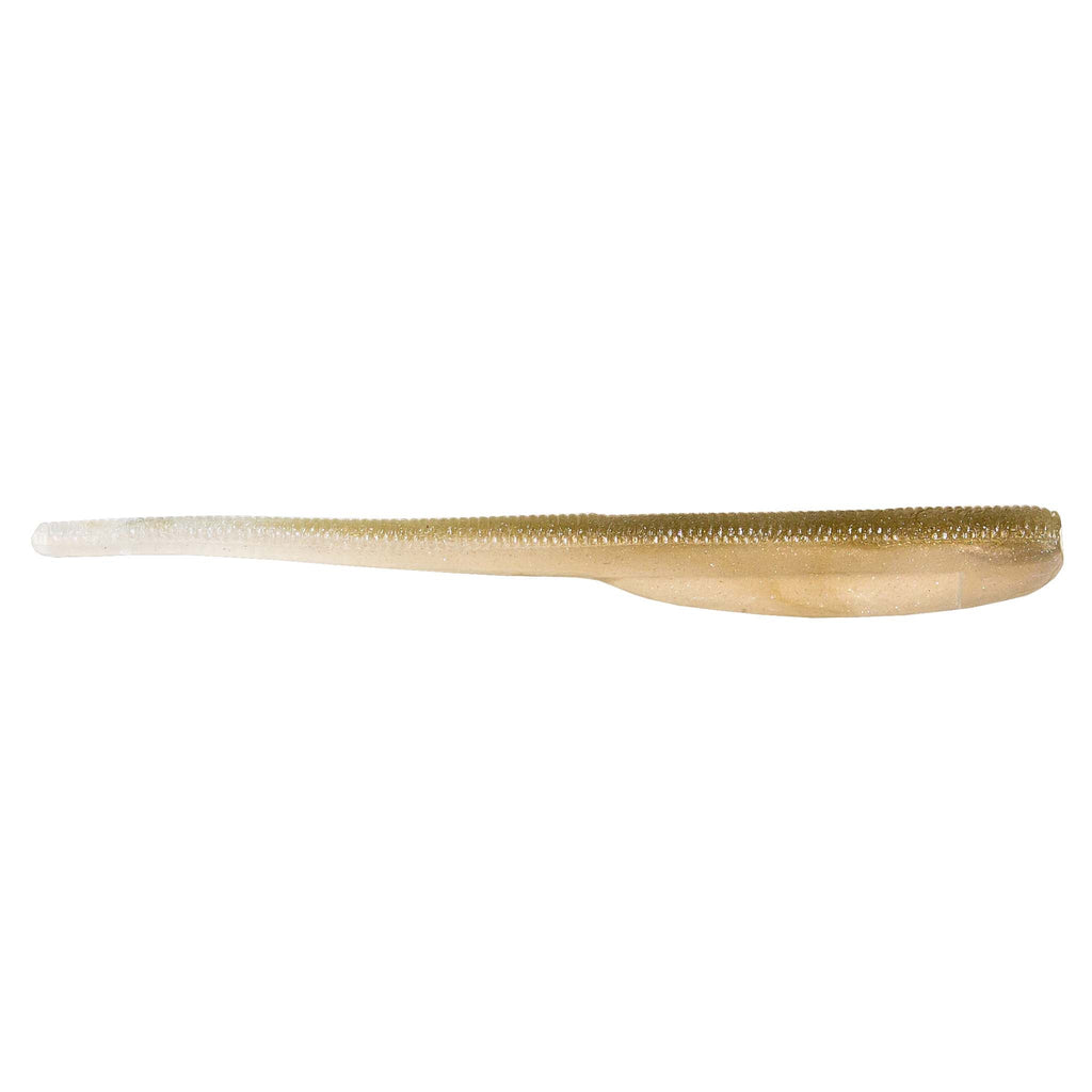 Gold shad-style soft plastic fishing lure with translucent pale tail