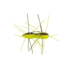 Fuzzy bug toy with neon yellow body and bright green legs
