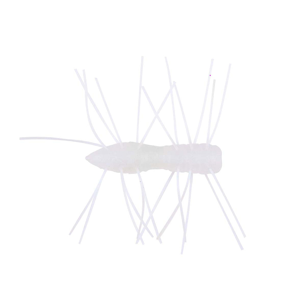 Fuzzy bug toy with light gray body and pale blue legs