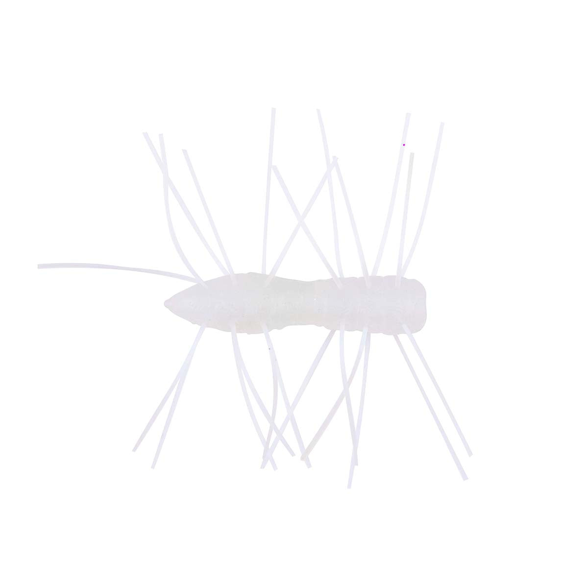 Fuzzy bug toy with light gray body and pale blue legs